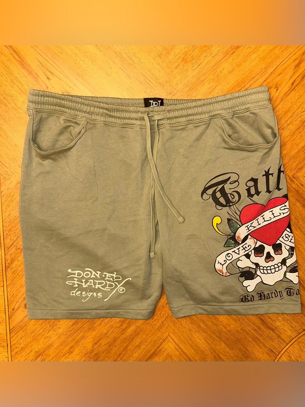 Ed Hardy Shorts Mens Size 2XL Green Fleece Sweat Tattoo Skull Love Kills Slowly